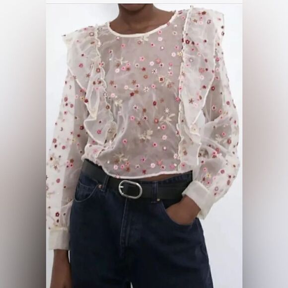 ZARA ORGANZA CROPPED FLORAL BLOUSE - Picture 5 of 7